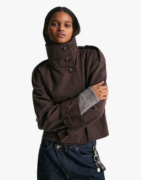 Bershka Funnel neck trench jacket in brown - view 1