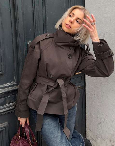 Bershka Funnel neck trench jacket in brown