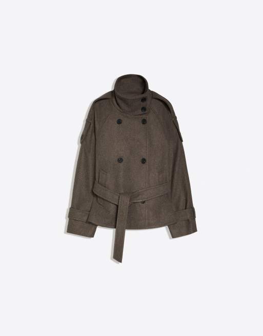 Bershka Funnel neck trench jacket in brown, 4 of 4