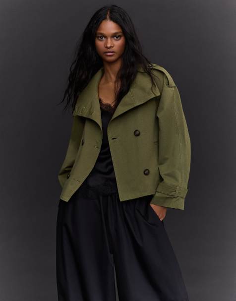 Bershka Funnel neck trench jacket in khaki