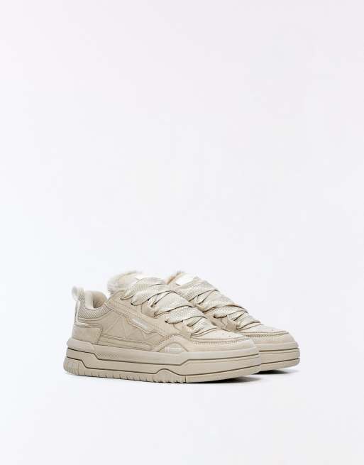 Bershka Fur skate sneakers in tan, 6 of 7