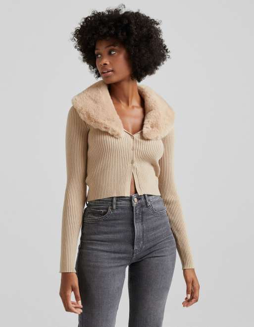 Bershka fur trim ribbed cardigan in camel ASOS