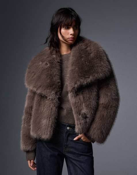 Bershka Furry jacket with lapel in brown - view 1