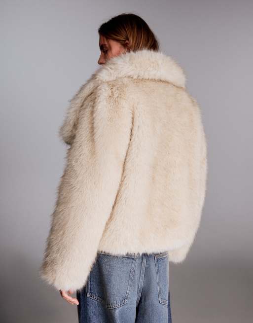 Bershka Furry jacket with lapel in ecru, 3 of 5