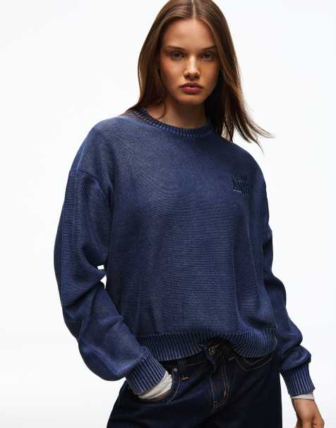 Bershka Garment-dyed round neck jumper in denim blue - view 1