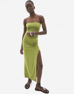Bershka gathered bandeau neckline midi dress in green