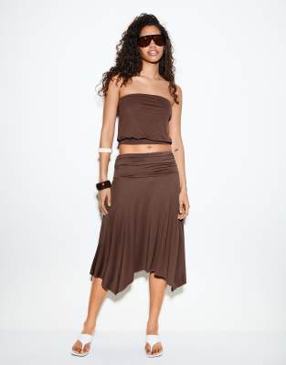 Bershka Gathered modal effect midi skirt in brown