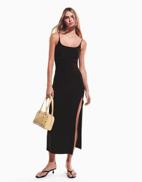 Bershka Gathered strap midi dress in black