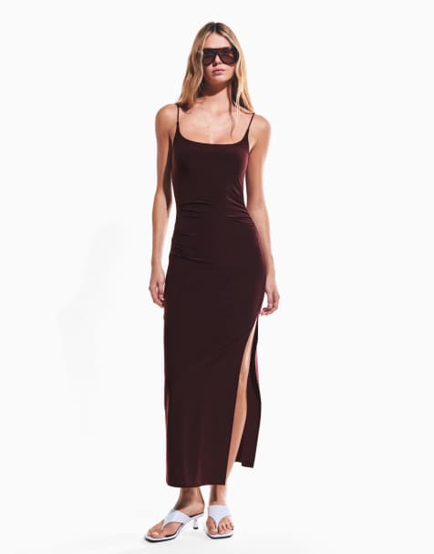 Bershka Gathered strap midi dress in burgundy