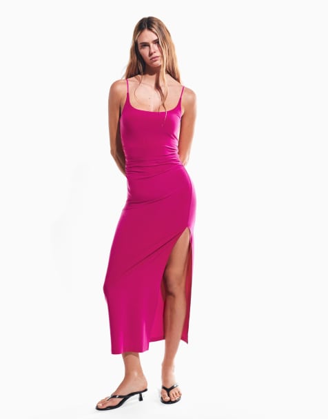 Bershka Gathered strap midi dress in pink bright