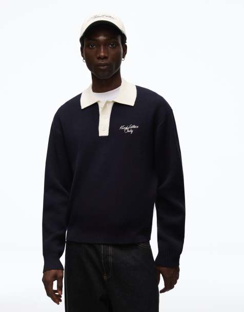 Bershka geborduurd gebreid poloshirt in blauw - view 1
