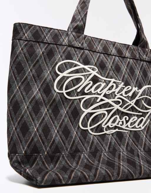 Bershka geborduurde geruite tote tas in bruin, 3 van 5