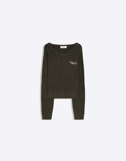 Bershka geborduurde kabelgebreide boxy trui met V-hals in kaki, 5 van 5