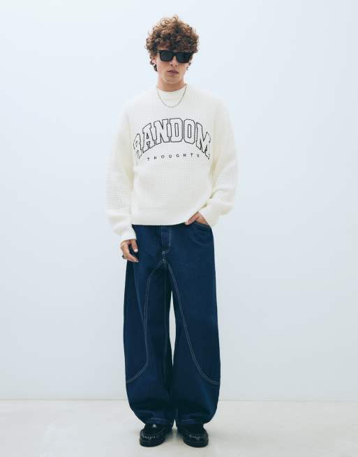 Bershka geborduurde trui van wafelbreisel in wit, 2 van 6