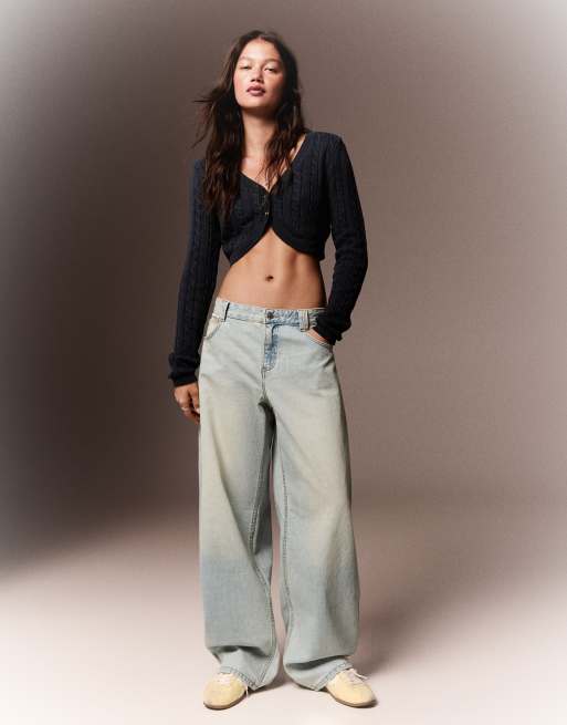 Bershka - Gebreid cropped jack met kabels in blauw, 2 van 4