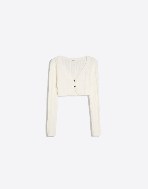 Bershka - Gebreid cropped jack met kabels in ecru - view 1