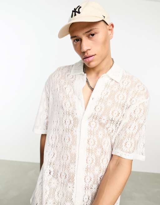 Bershka - Gebreid overhemd met borduursels in wit 