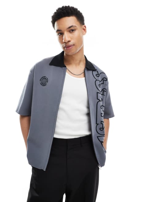 Bershka - Gebreid overhemd met rits en print in grijs