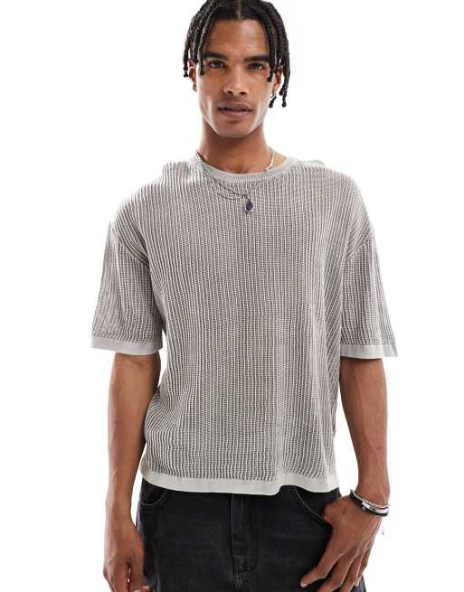 Bershka - Gebreid T-shirt in grijs met wassing