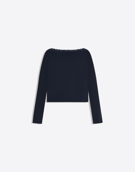 Bershka - Gebreid T-shirt met kant in marineblauw, 2 van 4