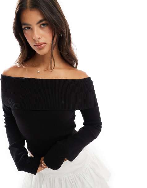 Bershka - Gebreide bardot-trui in zwart - view 1