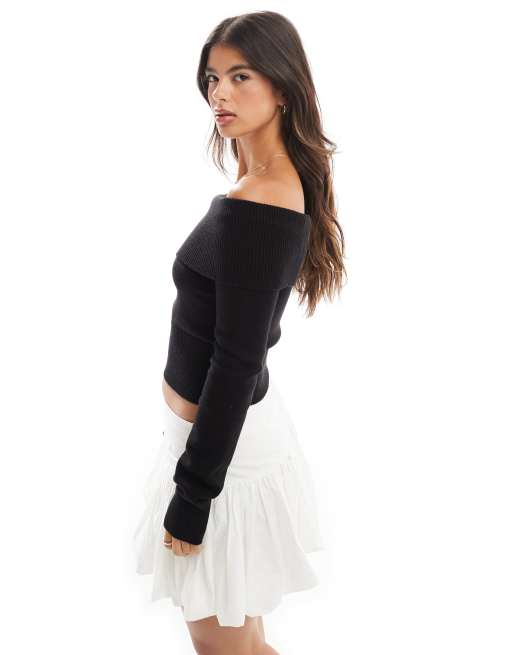 Bershka Gebreide bardot-trui in zwart ASOS