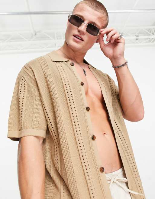Bershka - Gebreide fijngehaakte polo met reverskraag in bruin 