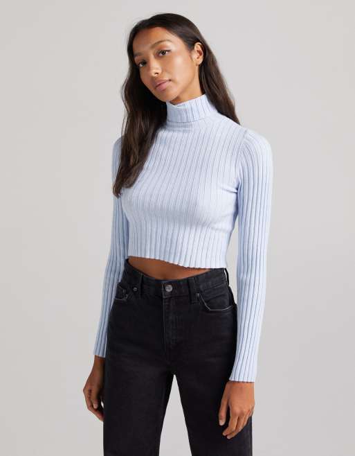 Bershka Gebreide geribbelde coltrui in blauw ASOS