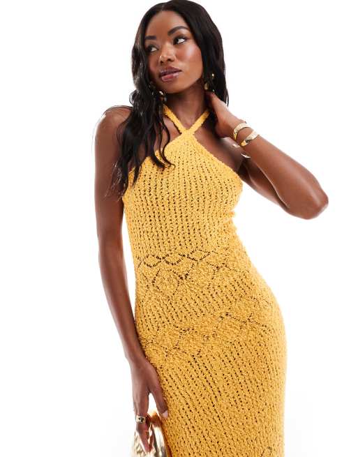 Bershka - Gebreide maxi jurk met halternek en textuur in oranje