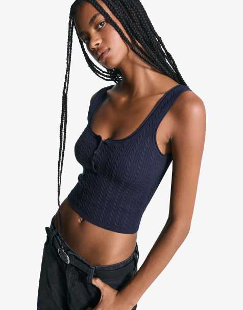 Bershka - Gebreide top met kabels en bandjes in denim blauw - view 1