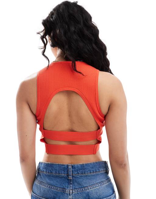 Bershka - Gebreide top met ronde hals en open achterkant in rood, 3 van 4