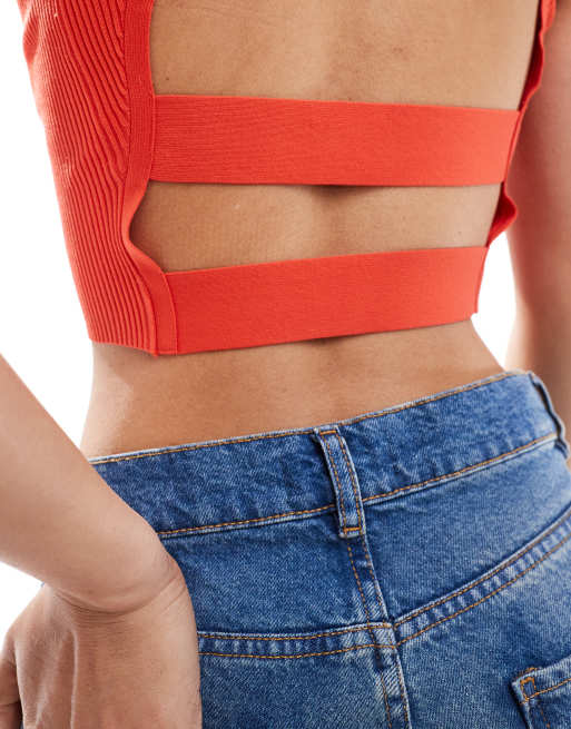 Bershka - Gebreide top met ronde hals en open achterkant in rood, 4 van 4