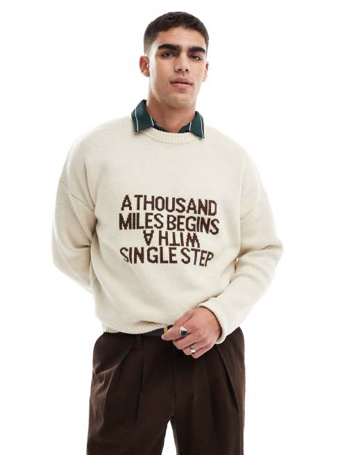 Bershka - Gebreide trui met grafisch motief in zandkleur, 2 van 4