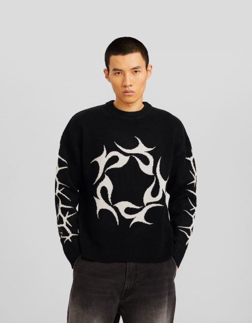 Bershka - Gebreide trui met grafisch motief in zwart