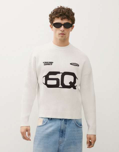 Bershka gebreide trui met ronde hals en grafische print in ecru - view 1