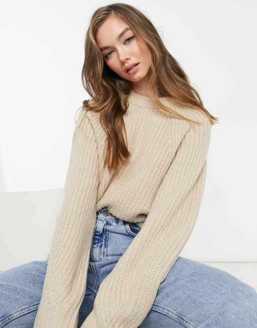 Bershka - Gebreide trui met ronde hals in beige