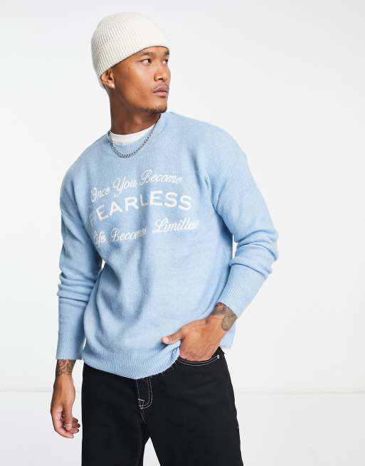 Bershka - Gebreide trui met stadsprint in blauw