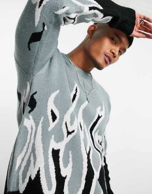 Bershka - Gebreide trui met vlammenprint in blauw