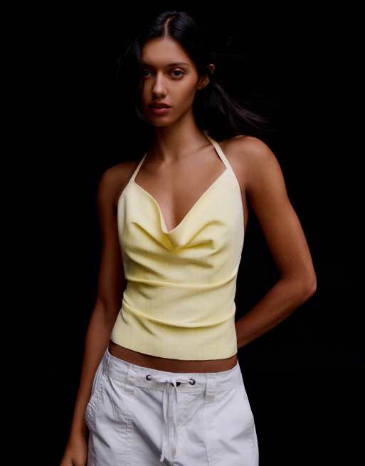 Bershka gedrapeerde haltertop in geel, 4 van 5