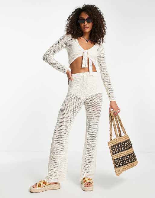 Bershka - Co-ord set met gehaakte top met geknoopte voorkant en broekje in crème - CREME, 3 van 3