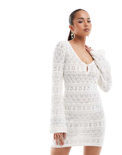 Bershka – Gehäkeltes Minikleid in Ecru mit Schlüssellochausschnitt - view 1