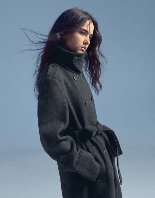 Bershka geknoopte jas met viltlook in grijs, 4 van 6