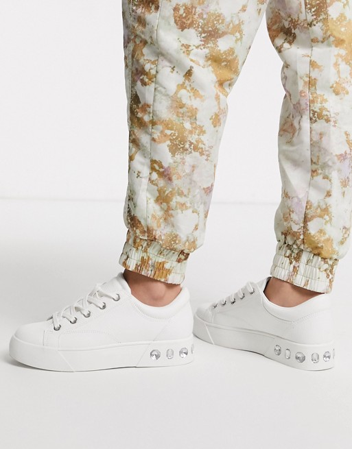 Bershka gem detail lace front trainers in white
