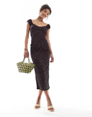 Bershka - Gemustertes Midikleid in Schwarz mit Milchmädchen-Ausschnitt