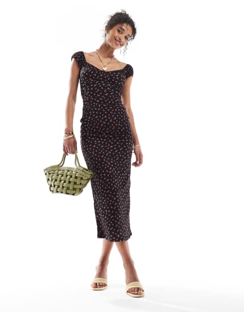 Bershka – Gemustertes Midikleid in Schwarz mit Milchmädchen-Ausschnitt - view 1