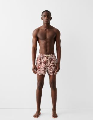 Bershka Geometric Patterned Swim Shorts In Red