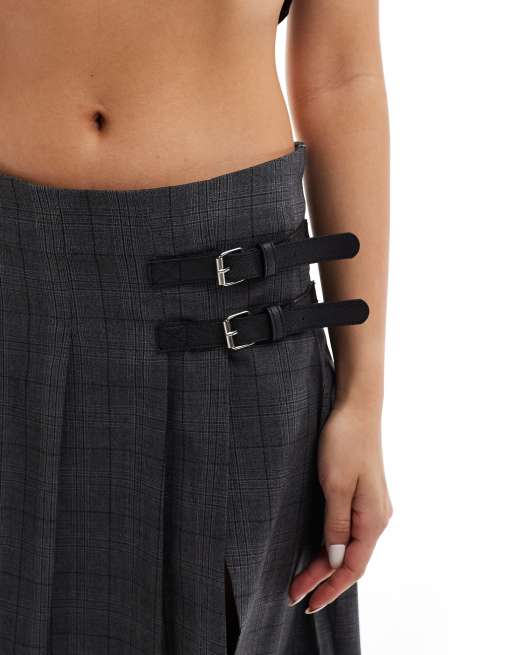 Bershka - Geplooide geruite midi rok met gesp in grijs, 5 van 5