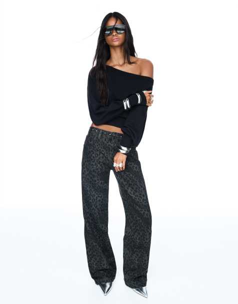 Bershka – Gerade geschnittene Hose in Grau mit Animal-Print und Nietenverzierung - view 1