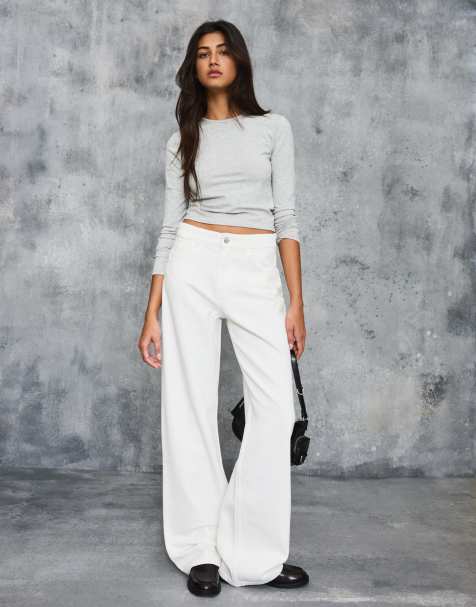 Bershka – Gerade geschnittene Jeans in Ecru mit weitem Bein - view 1