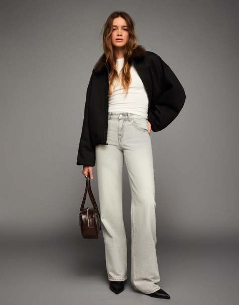 Bershka – Gerade geschnittene Jeans in Grau mit weitem Bein - view 1